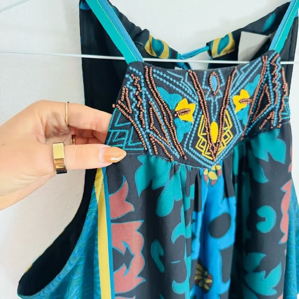 NEW ANTHROPOLOGIE Teal Black Floral Beaded Halter Mini $198 Tank Top Dress XL - Picture 4 of 13